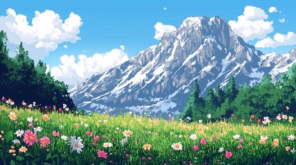 Fototapeta premium beautiful mountains with meadow and flowers landscape pixel art style panoramic view