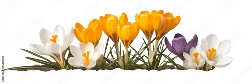 Wall mural A collection of colorful crocuses, symbolizing the arrival of spring, new beginnings, growth, beauty, and hope.