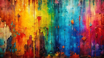 Fototapeta premium Vibrant splashes of paint streak across a distressed, textured surface, creating a dynamic, high-contrast background that blends gritty urban edge with explosive color intensity.