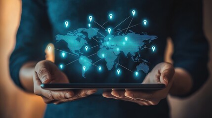 A person holding a tablet that displays a digital world map with location pins, symbolizing global connectivity and technology.