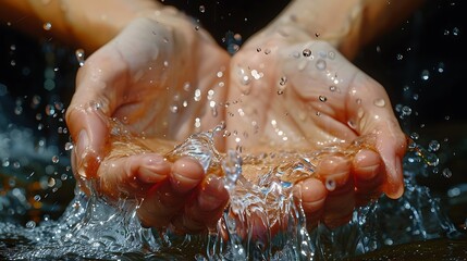 Fototapeta premium Close-up of hands cupping splashing water.