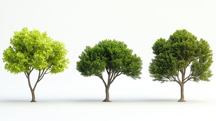 Obraz premium A set of four trees, each with green foliage and different shapes and sizes, against a clean white backdrop The trees are depicted with high detail and no ground shadows