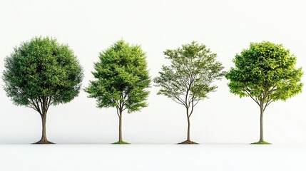 A set of four trees, each with green foliage and different shapes and sizes, against a clean white backdrop The trees are depicted with high detail and no ground shadows