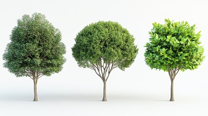 Four distinct trees, each with green foliage and unique shapes and sizes, against a white backdrop The image features extreme detail and hyperrealistic qualities, with no shadows