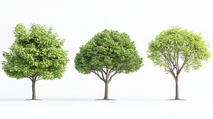 Obraz premium Four distinct trees featuring green leaves and different forms and sizes, set against a white background The image highlights hyperrealism with no shadows on the ground