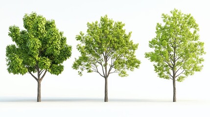 Obraz premium Four distinct trees featuring realistic green leaves and varying shapes and sizes, shown against a white background The image is presented with hyperrealistic detail and no shadows