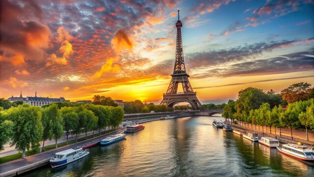 Vibrant sunset casts a golden glow on the iconic iron lattice Eiffel Tower, surrounded by lush greenery and sailing boats on the serene River Seine.