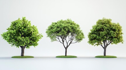 Four diverse trees featuring realistic green leaves and various sizes and shapes