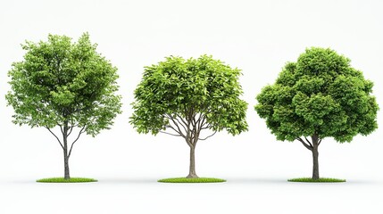 Four diverse trees featuring realistic green leaves and various sizes and shapes