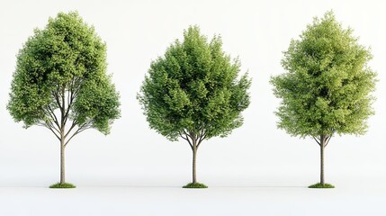 Four hyperrealistic trees of varying shapes and sizes, each with green foliage, displayed against a white background The image is detailed with no shadows on the ground