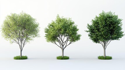 Obraz premium Four hyperrealistic trees of different shapes and sizes, each with green leaves, on a plain white background The trees are illustrated with high detail and no shadows on the ground