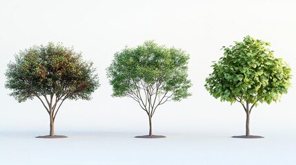Obraz premium Four trees with realistic foliage and different shapes and sizes, set against a white background The image highlights hyperrealistic details with no shadows on the ground