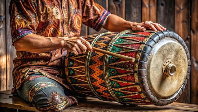 Vibrant traditional Indonesian instrument kendang drum being played by skilled hands, with intricately carved wooden frame and taut animal skin head, against rustic background.