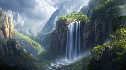 Fototapeta premium Cool artificial waterfall falling from the cliff