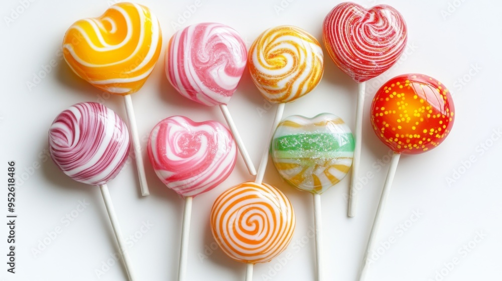 Fototapete a whimsical image of several lollipops arranged in a heart shape on a white background, showcasing t