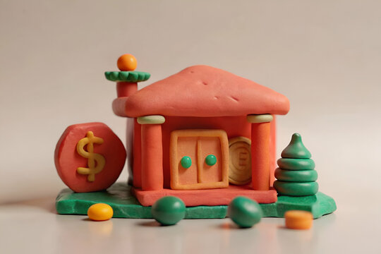 A house made of clay with a dollar sign on it. The house is orange and green