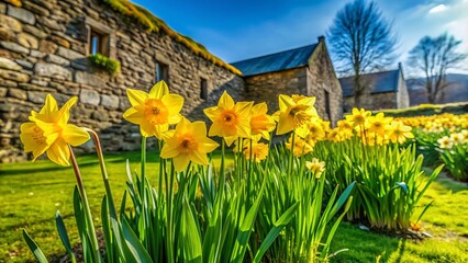 Vibrant yellow daffodils bloom amidst lush green grass and rustic stone walls on a sunny March day, symbolizing spring's arrival and new beginnings.