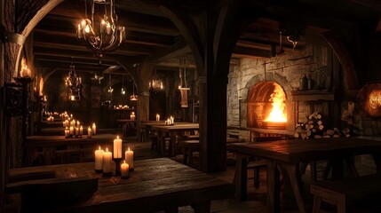 Fototapeta premium Candle-lit medieval tavern featuring wooden tables and a roaring fireplace Warm ambiance with rich wood tones and soft flickering light detailed 3D rendering