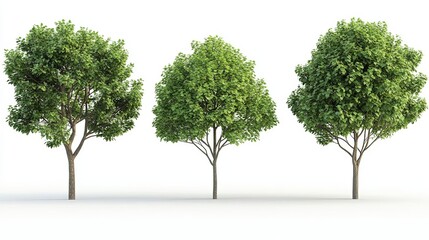 Obraz premium Four unique trees, each featuring green leaves and various sizes and shapes, shown against a clean white background The trees are depicted with high detail and no ground shadows