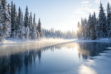 Snow-Covered Pine Trees Reflecting in a Frozen Lake at Sunset