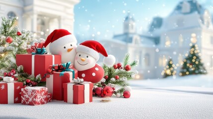 Charming snowmen in Santa hats with colorful gifts in a winter wonderland, perfect for holiday celebrations and cheerful decorations.