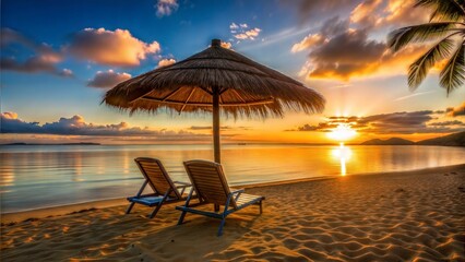 silhouetted sun chairs with thatched umbrella