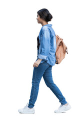Full length portrait of a young woman walking isolated transparent PNG,  student girl full body photo PNG with transparent background precisely cut out with clipping path.