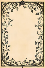 Vintage ornate leaf border with intricate medieval manuscript design in monochrome, featuring detailed craftsmanship, scrollwork, and classic decorative patterns for retro and antique illustrations