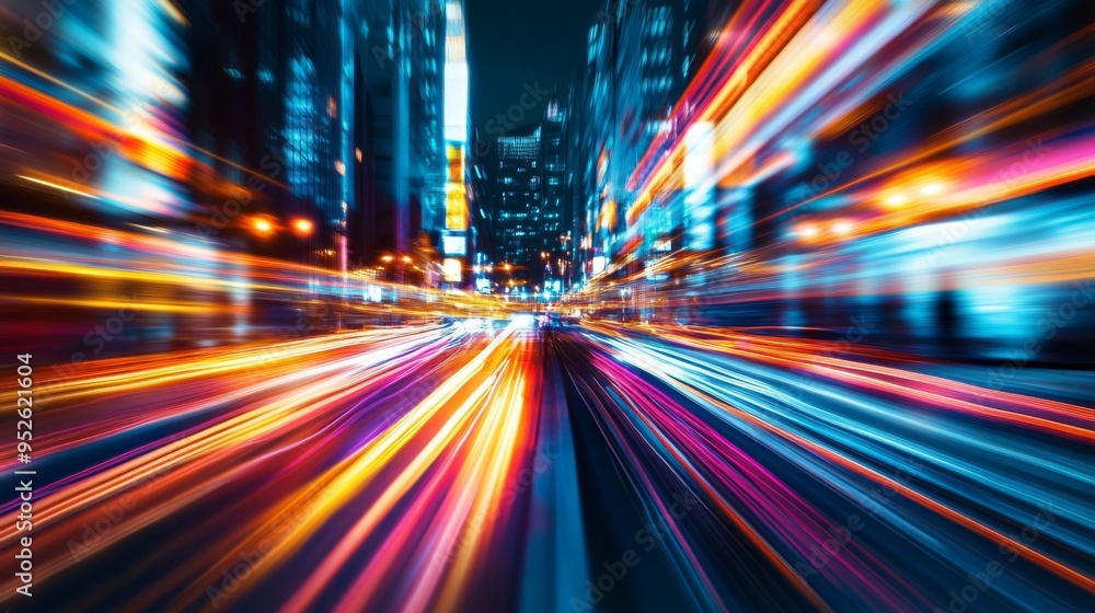 Poster abstract image of blurred street lights and moving car lights, creating colorful trails and a dynami