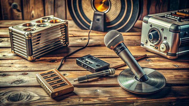 Vintage-style microphone and cassette tapes on a distressed wooden table, surrounded by nostalgic records and old-school audio equipment, evoking a nostalgic musical atmosphere.