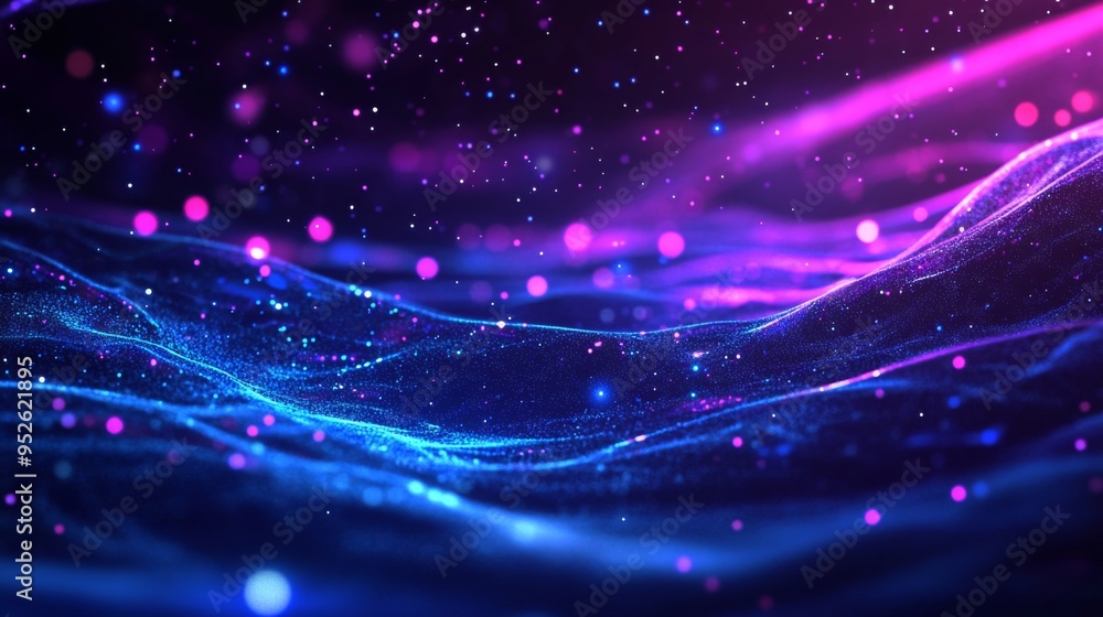 Poster abstract digital background featuring a blend of glowing lines and dots in a futuristic design, with