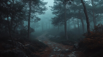 Spooky Dark Foggy Forest with Misty Halloween Trails