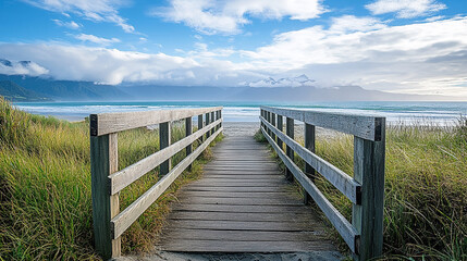 Obraz premium Wooden Walkway by Beach at Tauparikaka