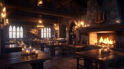 Inviting medieval tavern with candle-lit wooden tables and a roaring fireplace Warm with rich wood tones and soft flickering light detailed 3D rendering