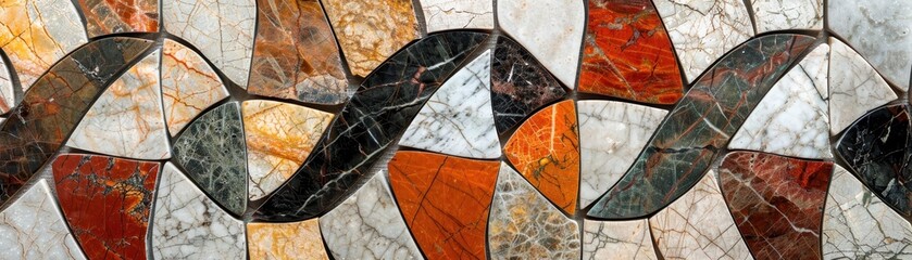 Abstract mosaic art with colorful geometric patterns, featuring twists and curves in shades of orange, gray, and black.
