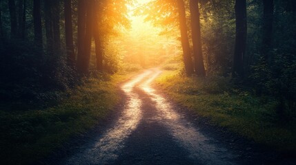 Obraz premium A serene forest pathway illuminated by soft sunlight, inviting exploration and tranquility among the trees.