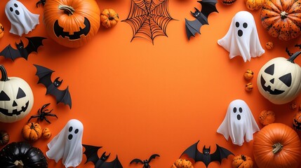 Festive Halloween decorations featuring pumpkins, ghosts, and bats on an orange background.