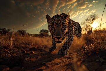 Leopard at Dusk: Fierce Focus - A close-up of a leopard prowling at dusk, its intense gaze locked on the viewer, showcasing the raw power and beauty of the wild.