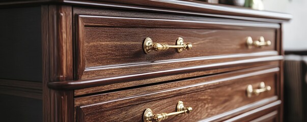 Elegant wooden dresser with polished surface and golden handles, perfect for enhancing modern home decor.