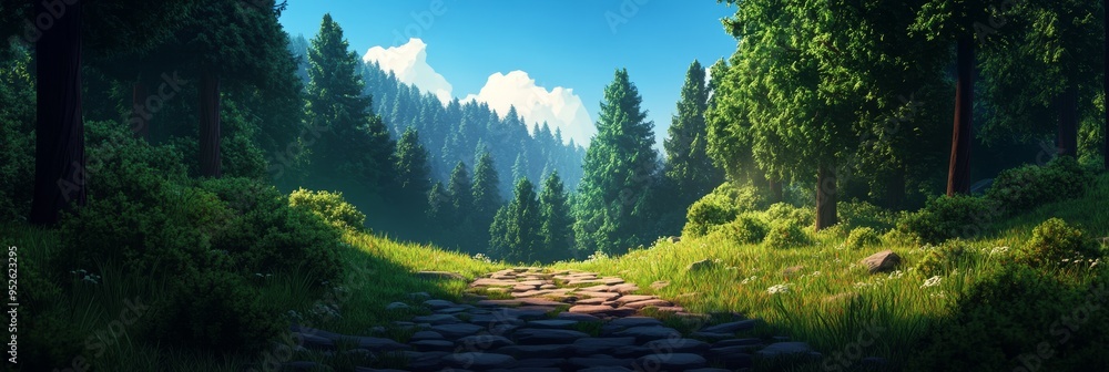 Sticker A picturesque stone path winds through a lush green forest, bathed in the warm glow of sunlight. Tall trees stand sentinel on either side, creating a sense of tranquility and peace.  The path seems to