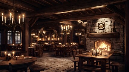 Cozy candle-lit tavern with wooden tables and a roaring fireplace in a medieval village Warm inviting with rich wood tones soft flickering light realistic 3D rendering