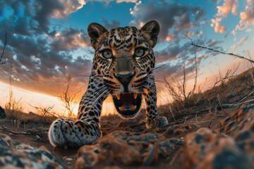 Leopard at Dusk: Fierce Focus - A close-up of a leopard prowling at dusk, its intense gaze locked on the viewer, showcasing the raw power and beauty of the wild.