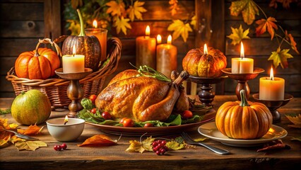 Warmly lit autumnal still life of a abundant Thanksgiving table setting with pumpkins, candles, and a delicious roasted turkey as the centerpiece.