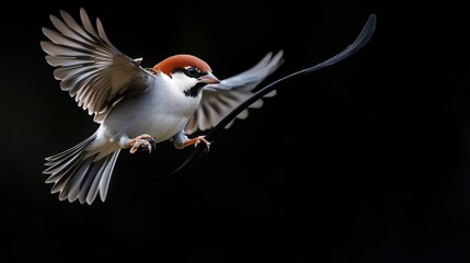 Fototapeta premium A beautiful bird in mid-flight showcasing vibrant colors and graceful wings against a dark background.