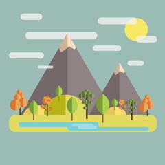 A flat illustration of an autumn landscape. Colorful vector flat icon nature, mountains, lake, sun, trees, mountains, clouds. Vector illustration in a flat style, layout.