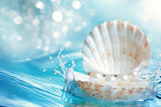 Scallop shell podium with pearls, Open shell with a pearl on tropical sandy beach.	