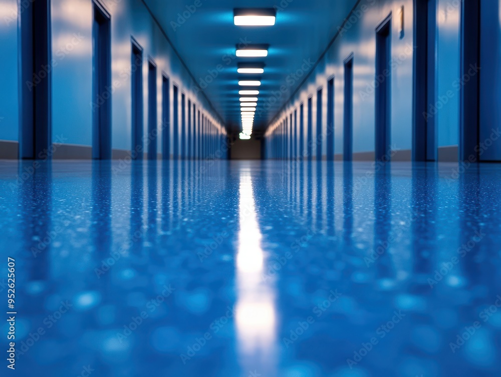 Aufkleber a captivating view of a blue hallway, featuring glossy floors and illuminated with soft ceiling ligh