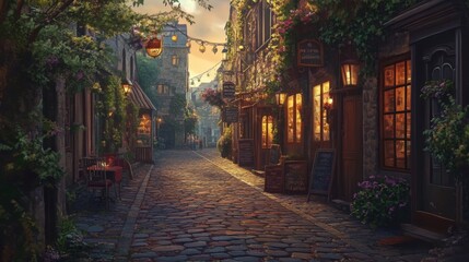 Fototapeta premium An elegant cobblestone street in a historic town, with quaint shops and cafes, captured in warm, soft lighting to highlight its timeless charm.