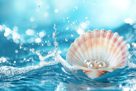 Scallop shell podium with pearls, Open shell with a pearl on tropical sandy beach.	