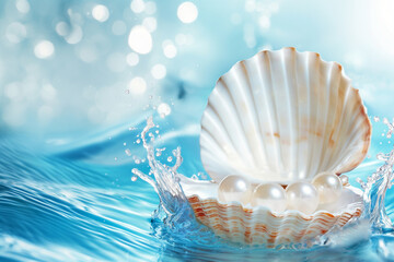 Fototapeta premium Scallop shell podium with pearls, Open shell with a pearl on tropical sandy beach. 